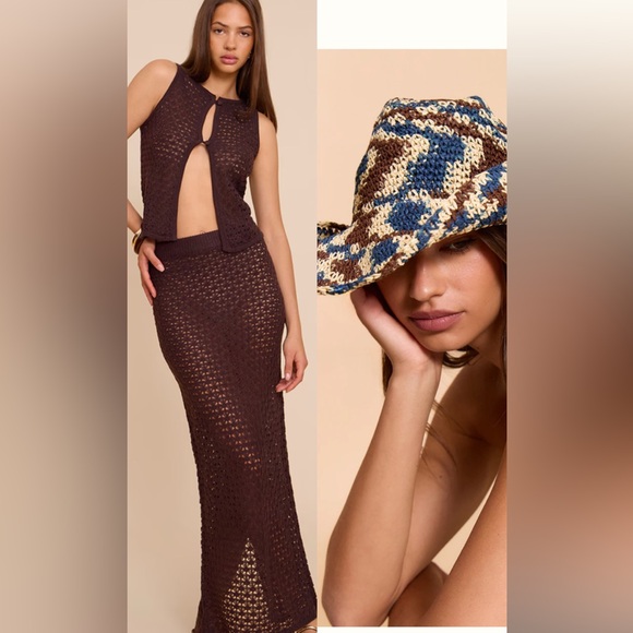 NEW Pretty Little Thing Brown Crochet Maxi Vest Set skirt top Hat Sz Medium - Picture 1 of 3